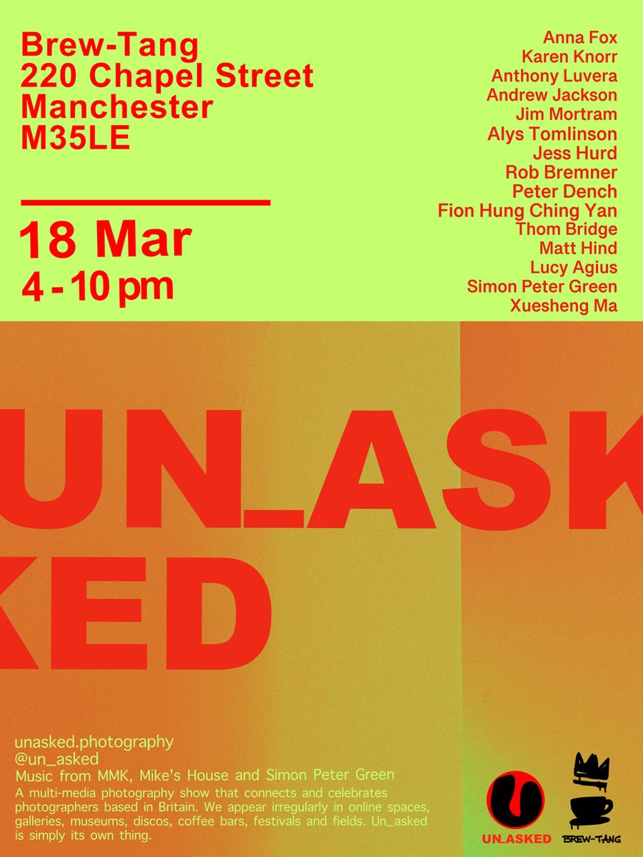last call for the un_asked show in manchester on saturday - 4pm til 10pm - at <a href="/brewtangmcr/">brewtangmcr</a> -  manchester school of electronic music, salford - free - see great british photography and hear great music including live rapping from MMK and Mikes House. 

visitmanchester.com/whats-on/unask…