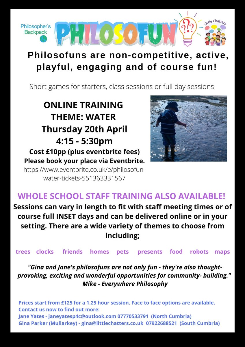 little_chatters's tweet photo. Looking forward to working again with the students from the Kendal School Direct Partnership tomorrow, this time on #Philosofuns @QKSKendal Of course it's not long till our 'Water' themed #Philosofun -Thursday 20th April (@philos_backpack and I offer whole school training too!) https://t.co/NeNEgcvMuM