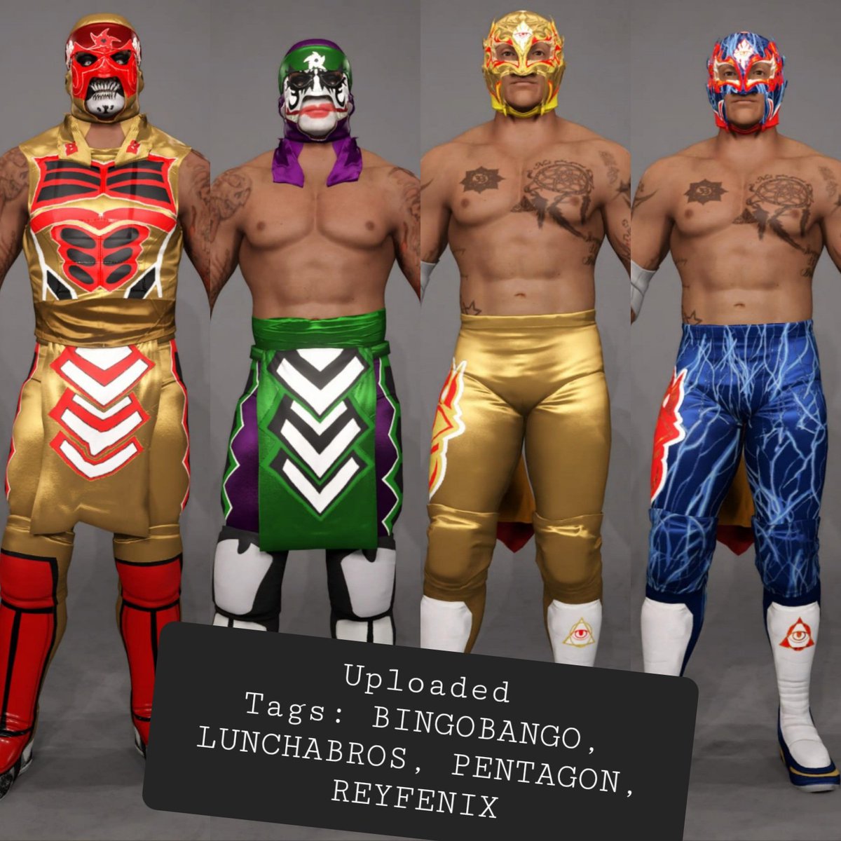 Lucha Bros. - Uploaded

Tags: BINGOBANGO, LUCHABROS, PENTAGON, REYFENIX

Credit to @Defract for the tattoos.

Full moveset and entrances included.

#WWE2K23 #AEW