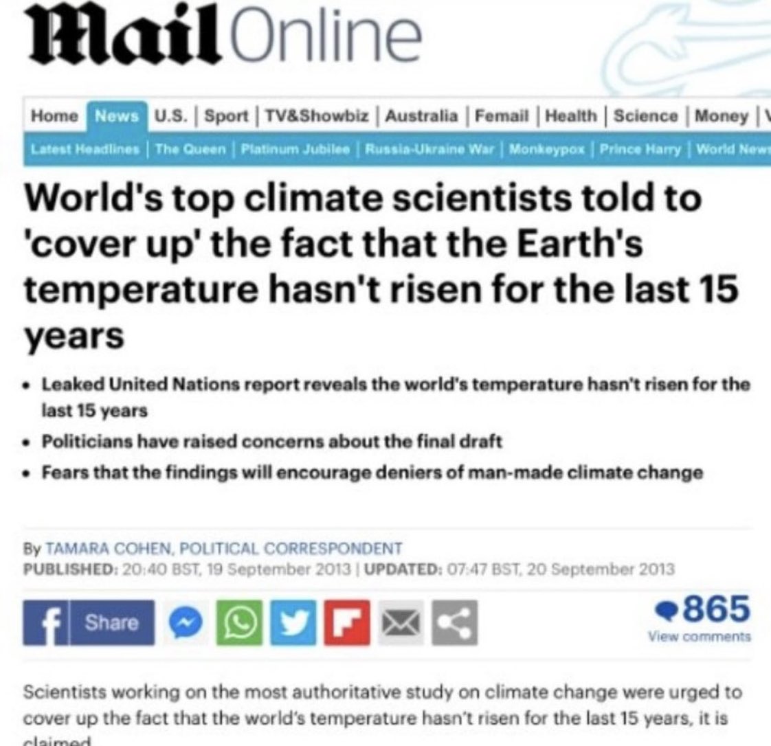 10 years ago the UN paid scientists to cover up that the temperature hadn’t  risen for 15 years. #ClimateScam dailymail.co.uk/news/article-2…