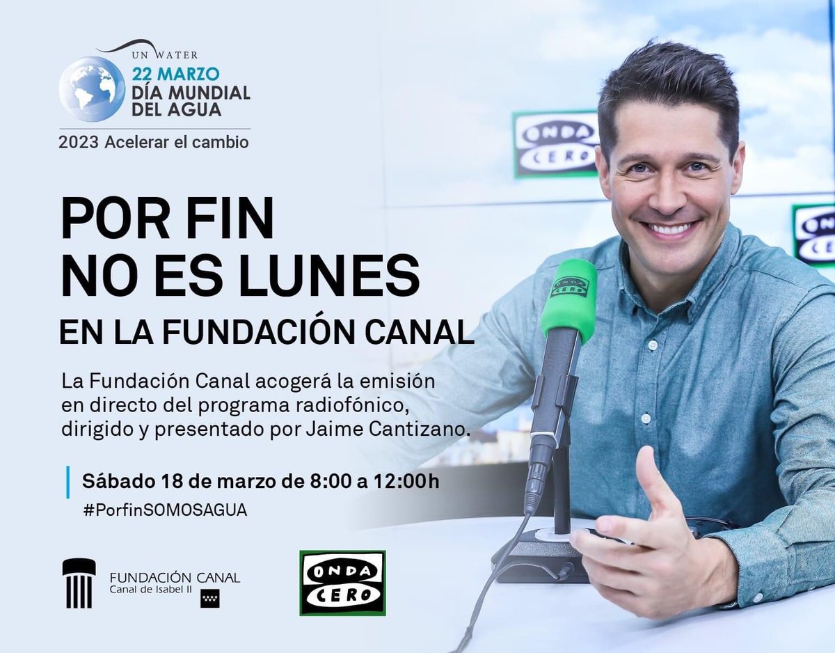 Por fin no es lunes (@porfin) on Twitter photo 2023-03-17 10:21:02 🎙Mañana hacemos #PorFinNoEsLunes, en directo, desde la @fundacioncanal ➡️ De 8:00 a 12:00, con @jaimecantizano a los mandos del #EquiPORFIN, con Fernando @Eiras, @Jwdith González, @Borisizaguirre, @Devilisawoman #PorFinSOMOSAGUA @OndaCero_es 🎙Mañana hacemos #PorFinNoEsLunes, en directo, desde la @fundacioncanal ➡️ De 8:00 a 12:00, con @jaimecantizano a los mandos del #EquiPORFIN, con Fernando @Eiras, @Jwdith González, @Borisizaguirre, @Devilisawoman #PorFinSOMOSAGUA @OndaCero_es