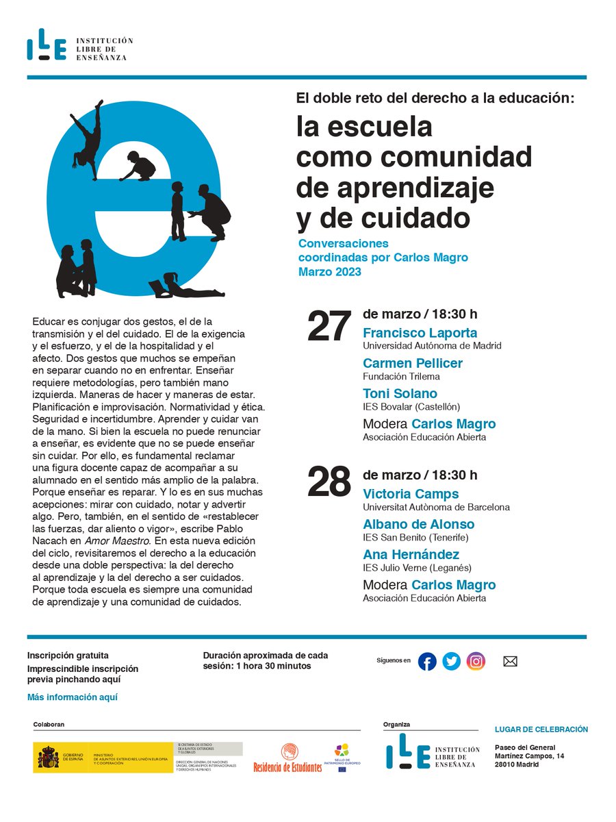 c_magro's tweet photo. Hemos organizado esta preciosa jornada doble para pensar la escuela como 'comunidad de aprendizaje y comunidad de cuidados' junto con @carmenpellicer_ @tonisolano Francisco Laporta Victoria Camps @AnaHernandezzzz y @albanodealonso. Os esperamos en @FundacionGiner los días 27 y 28 https://t.co/1takoPzzea