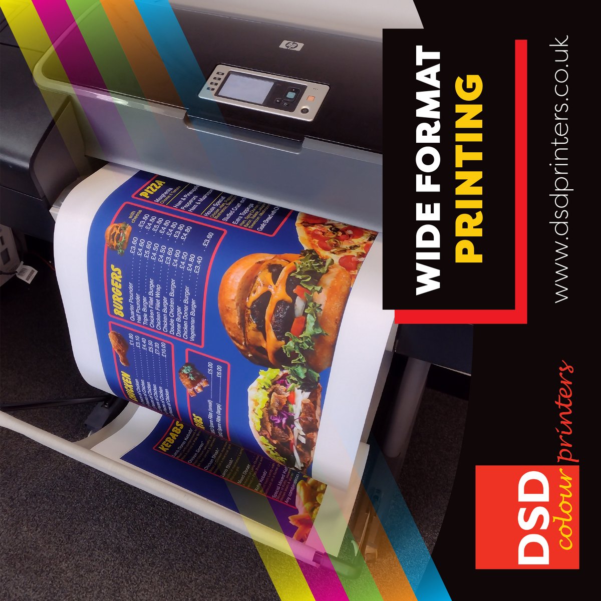 DSD Printers can offer a variety of large size prints for customers looking to make a real impact. These prints offer incredibly smooth colours. Here’s an example of a takeaway menu board being printed on backlit film approx 2.5m long. #kingslynn