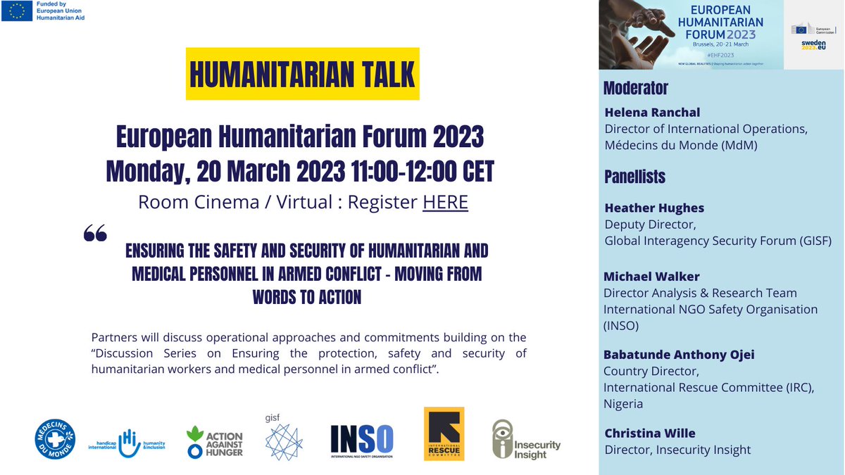 📍 Lundi 20/03, @MdM_France participera au Forum Humanitaire Européen de #Bruxelles.

Plusieurs organisations prendront la parole pour remettre au cœur des priorités la sécurité des travailleurs humanitaires.

Pour s'inscrire en ligne 👉 bit.ly/3YTA4HF
#EHF23 #NotATarget