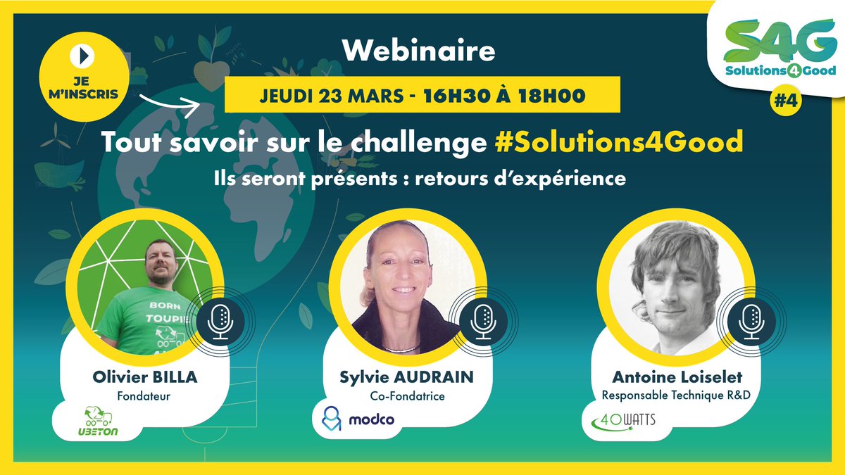 ⏰ J-50 pour participer au Challenge #Solutions4Good &amp; booster votre projet à #Impact !

Participer au webinaire d'information avec 3 anciens lauréats pour tout savoir sur le Challenge:
📆 Jeudi 23 mars - de 16h30 à 18h00

inscription🔗bit.ly/3xZ4NrU