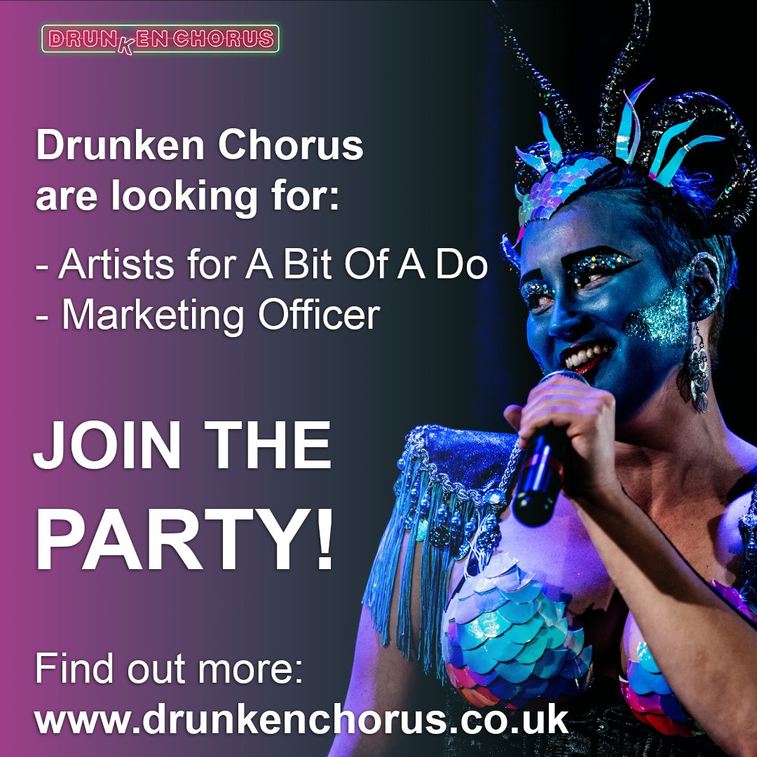 Are you an #artist? Our friends <a href="/DrunkenChorus/">Drunken Chorus</a> have three exciting opportunities and want to hear from you! They're looking for Artists/companies to perform and commission for new work on Bit Of A Do &amp; a part time Marketing officer in #Croydon 
🎉 Apply at drunkenchorus.co.uk
