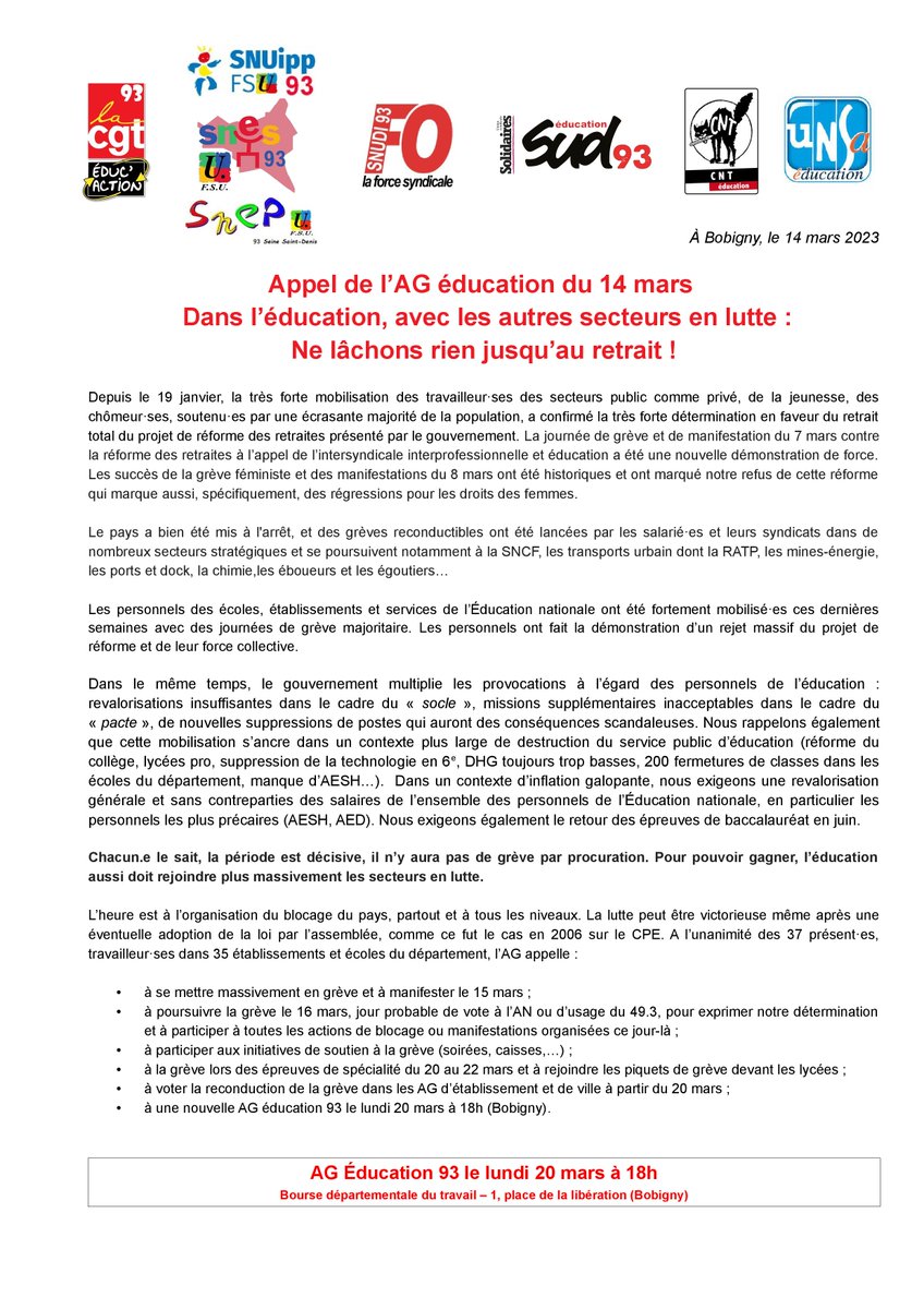 🔴 Le <a href="/snesfsu/">SNES-FSU</a> 93 appelle, avec l'intersyndicale éducation 93, à la grève du 20 au 22 mars lors des épreuves de spécialité du baccalauréat.

Le <a href="/gouvernementFR/">Gouvernement</a> passe en force avec le 49.3 ? L'éducation répond par la grève ! 

<a href="/93Fsu/">https://bsky.app/profile/fsu93.bsky.social</a> <a href="/SnesFsuCreteil/">SNES-FSU CRETEIL</a> <a href="/SNESFSU/">SNES-FSU</a>