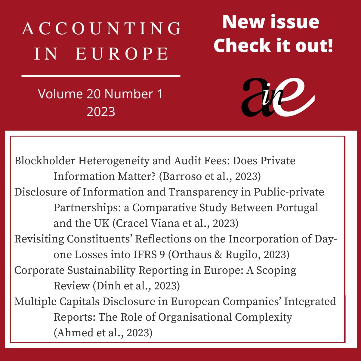 AIE_Journal_EAA's tweet photo. 🆕New Special Issue of AiE released! Volume 20, Number 1, 2023.
➡️https://t.co/zTwvxtFD97
#accounting #accountingineurope #aie #eaa #auditing #iasb #IFRS @EAA_ARC #auditfee #blockholder #disclosure #transparency #ifrs9 #integratedreporting https://t.co/3txpuZHkN0