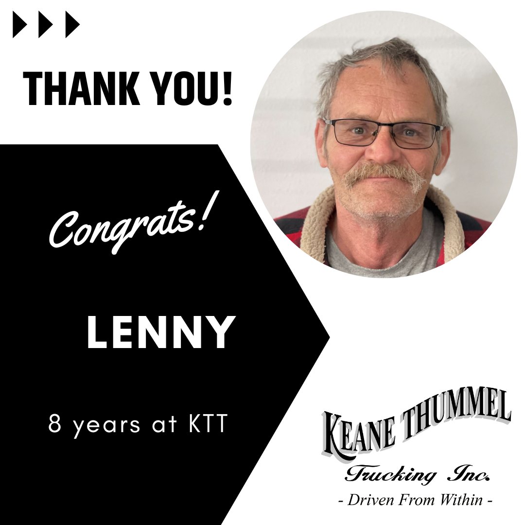 ThummelTrucking's tweet photo. Happy 8th KTT Anniversary, Lenny!! We are thankful for you and your accident-free driving! We appreciate that you are dependable; anything we put in front of you, you take care of at the highest level!! #kttinc #thummeltrucking #drivenfromwithin #yearsofservice https://t.co/Vbh9pECY2V