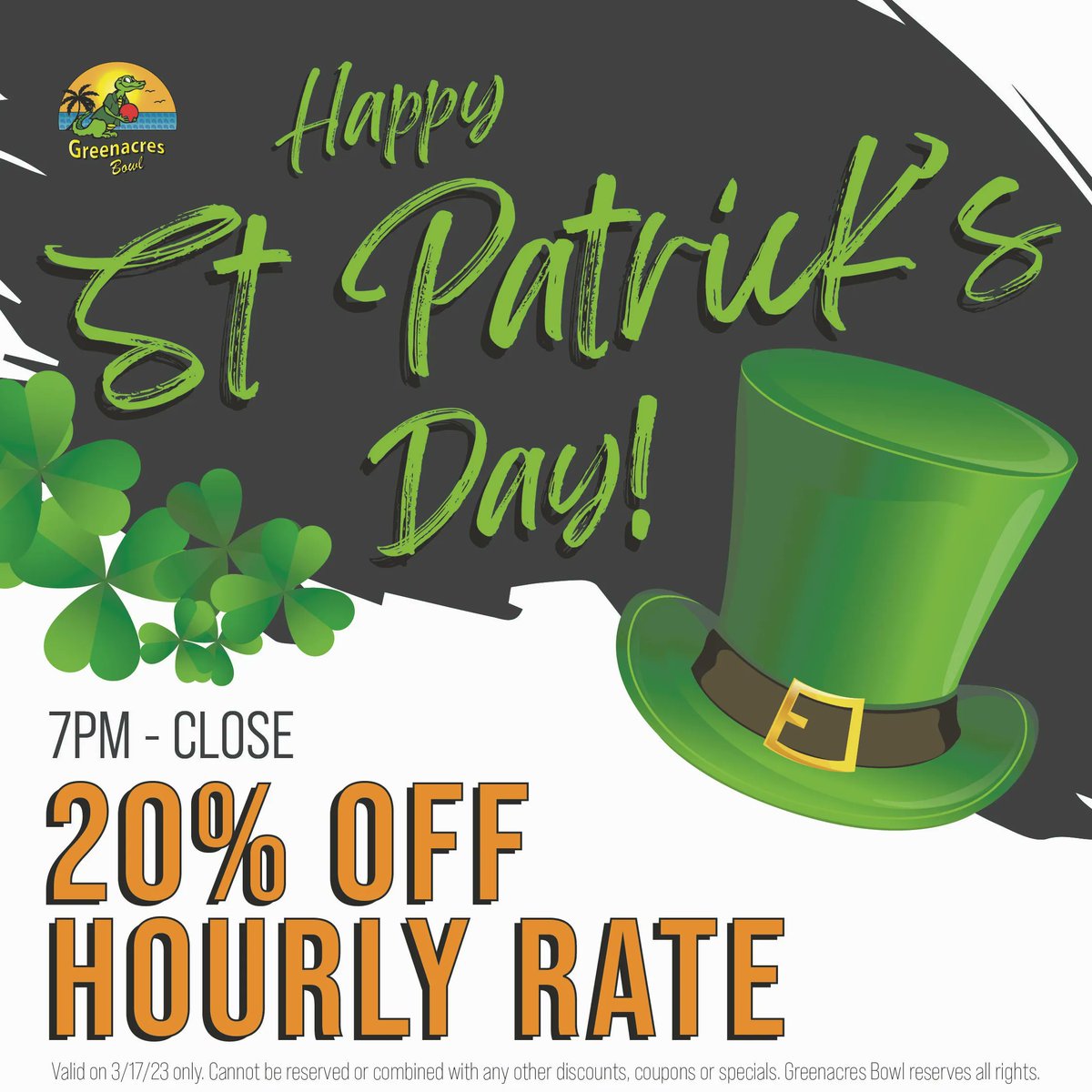 GreenacresBowl's tweet image. Happy St. Patrick’s Day! 🍀🌈 Join us at 7PM tonight for 20% off our hourly lane rate plus fun St. Patty’s Day drink specials in the lounge (Must be 21+ to consume alcohol). #stpatricksday #potogold #bestbowlingpbc #gatorbowingrocks