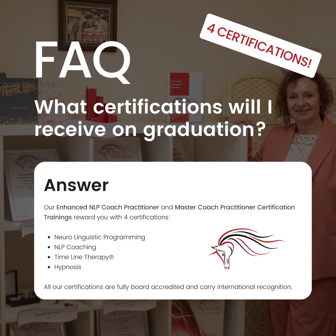 QFS_NLPTraining's tweet image. Our Enhanced NLP Coach Practitioner and Master Coach Practitioner Certification Trainings reward you with 4 certifications! 🧠🙌

Click here to browse our other frequently asked questions: qfscoaching.com/faq

#NLPcoach #NLPmaster #NLPpractitioner #NLPtips #mindset