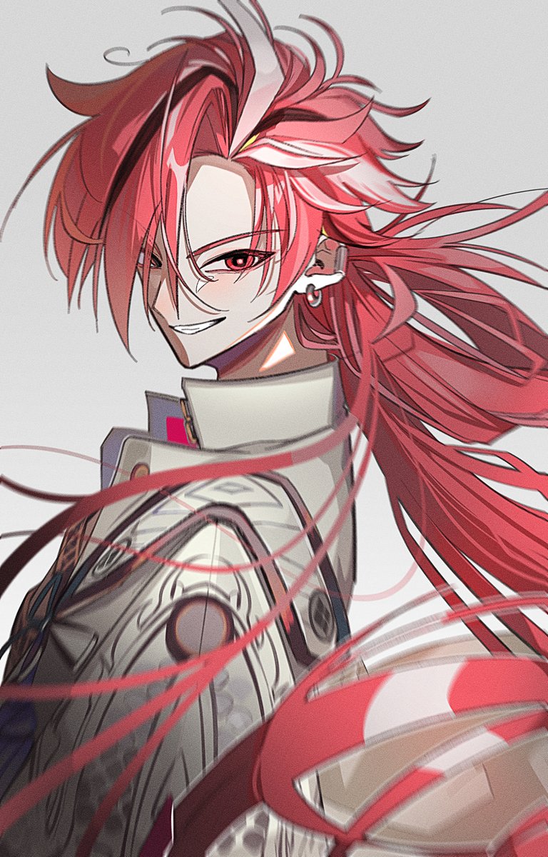 solo long hair 1boy earrings male focus smile red hair  illustration images