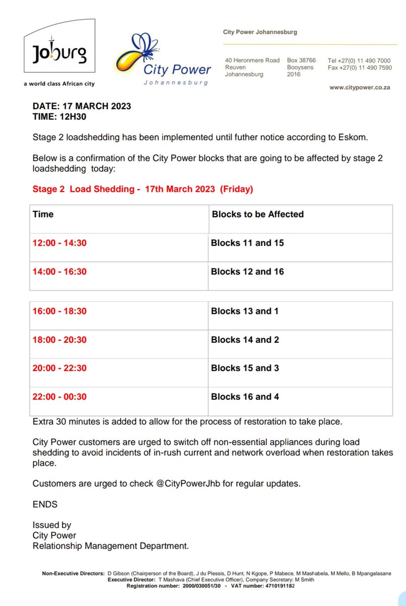 #Update 
#Loadshedding Stage 2 has been implemented until further. 

#Schedule for today ^HN