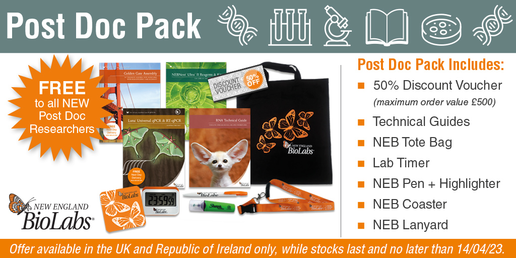 Calling new postdoctoral researchers. We want to welcome you and continue supporting you through the new chapter in your research with the NEB Post Doc Pack. Receive technical guides, goodies, plus a 50% NEB discount voucher*!
Limited time offer. bit.ly/3mXOB84