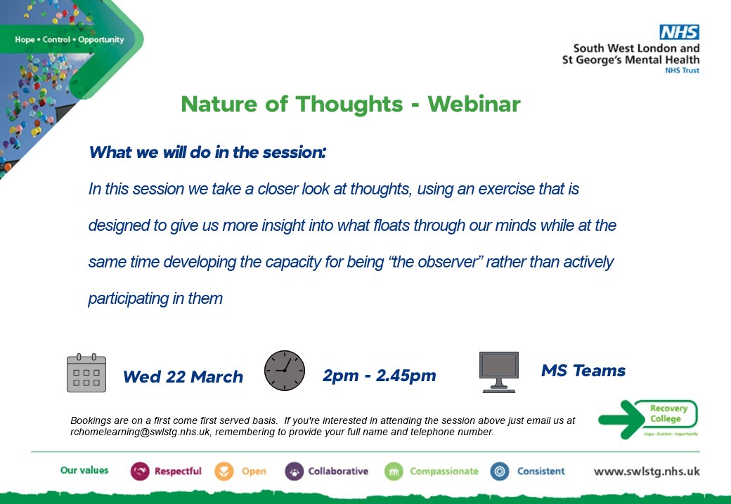 RecoverySWLSTG's tweet photo. @RecoverySWLSTG @SWLSTG

 📢Upcoming Webinar - Nature of Thoughts
🗓️22 March 2023
⏲️ 2pm- 2.45pm
🖥️ MS Teams

For more info: https://t.co/t5Wvz95mzM https://t.co/TeJibBL0x4