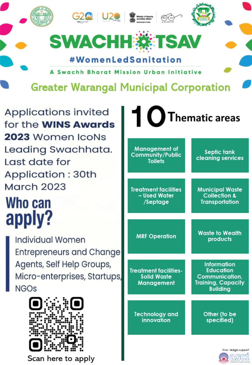 sanitation_gwmc's tweet photo. #GWMC invites women-led initiatives in 10 thematic areas of Sanitation to apply for 'Women Icons leading Swachhata' #WINS awards under the #Swachhotsav2023 campaign organized by #MoHUA 
To apply visit:https://t.co/eZXiwKWcBj
Google form:https://t.co/IGKHL69NRW
Or scan the QR code https://t.co/hQnnJAm4xC