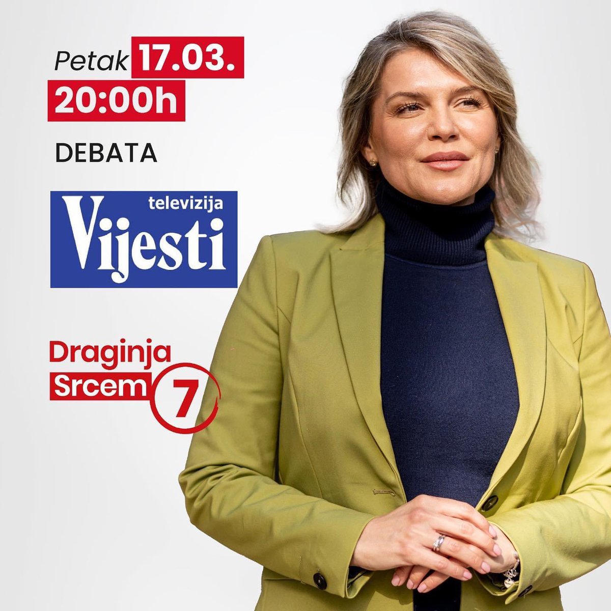 Draginja07's tweet photo. Večeras na TV Vijesti pratite debatu u kojoj učestvuje kandidatkinja za predsjednicu Crne Gore.
#draginjasrcem #srcem https://t.co/aSyi3pnbFp