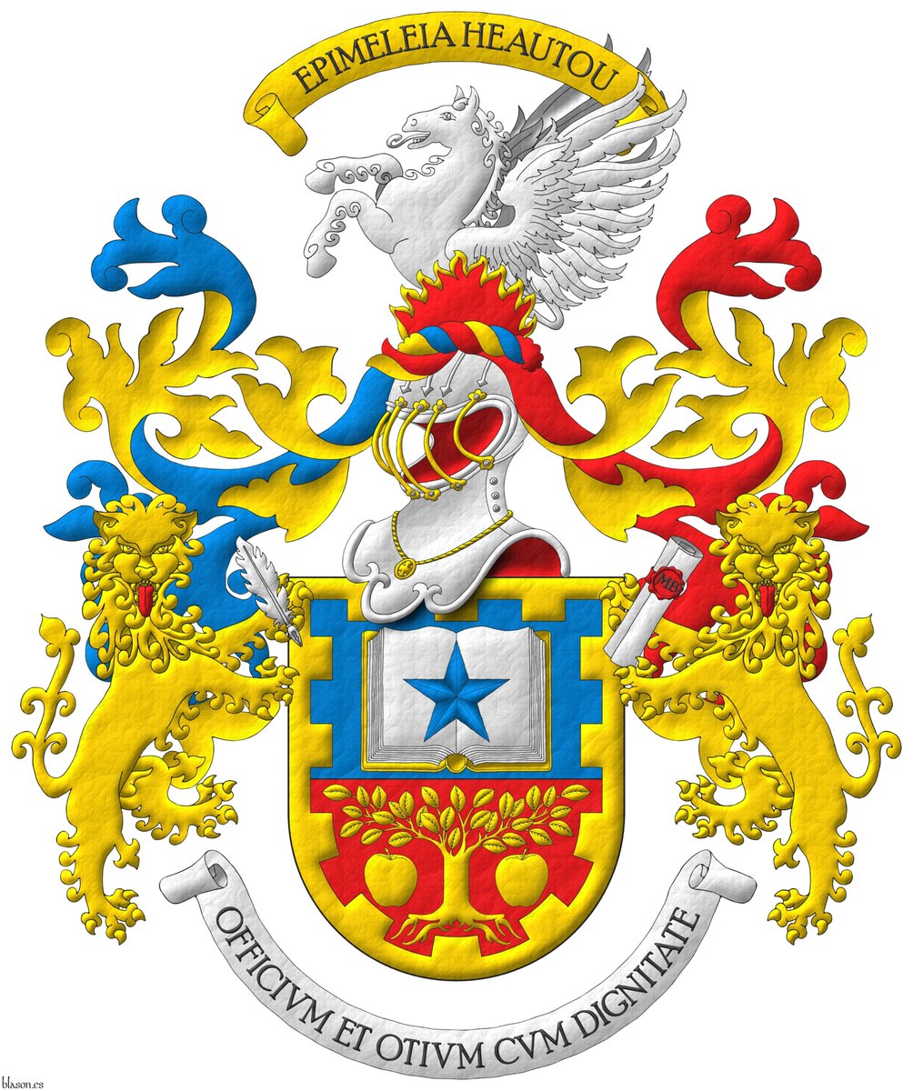 ntoniosalmeron's tweet photo. The coat of arms of Fernando Marán Bié designed by Ignacio Koblischek and emblazoned by me. #Open #Book #Garnished #Charged #Mullet #Tree #Eradicated #Between #Apple #Bordure #Embattled #Crest #Upon #Helm #Wreath #Demi-pegasus #Issuant #Flames #Fire #Fimbriated #Mantling #Dexter https://t.co/UExlxmSomF