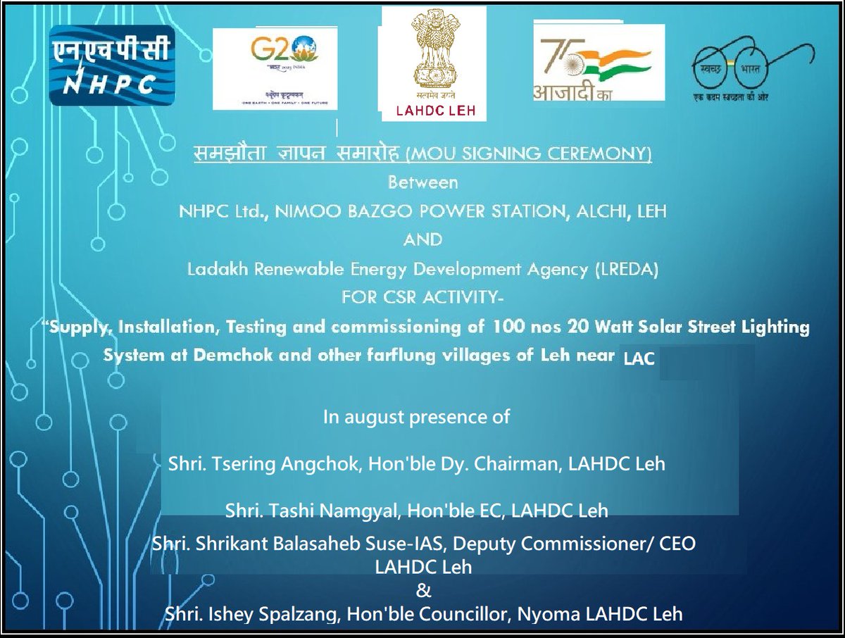 LAHDC_LEH's tweet image. Dy. Chairman @Angchuk5 attended the event of the signing of MOU for supplying, installing, testing &amp;amp; commissioning of 100 nos of 20 Watt Solar Street Lighting System at Demchok &amp;amp; other far-flung villages.

It was signed between @nhpcltd, Nimoo Bazgo Station, Alchi, Leh &amp;amp; #LREDA