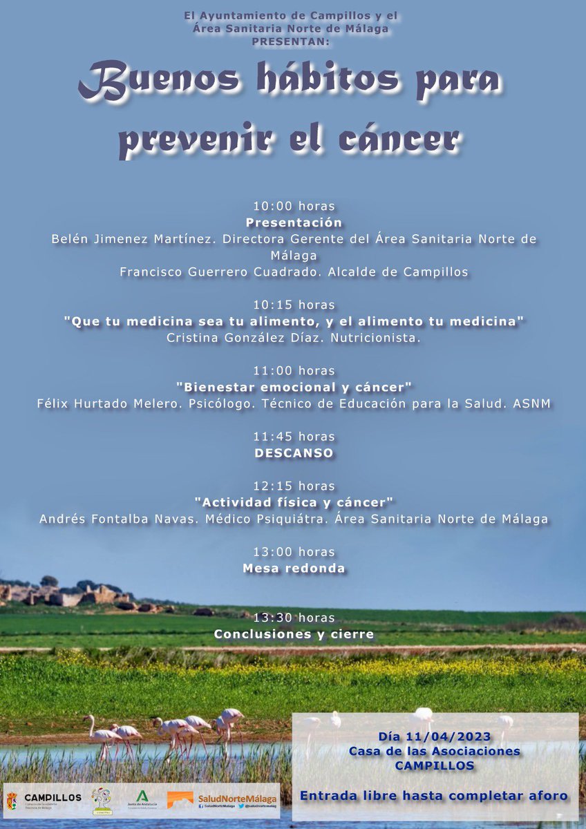 📣📣📣 Próxima Jornada de Promoción de la Salud en #Campillos: “Buenos hábitos para prevenir el cáncer”. 
#Alimentación #BienestarEmocional #ActividadFísica #Cáncer #HábitosSaludables #RELAS