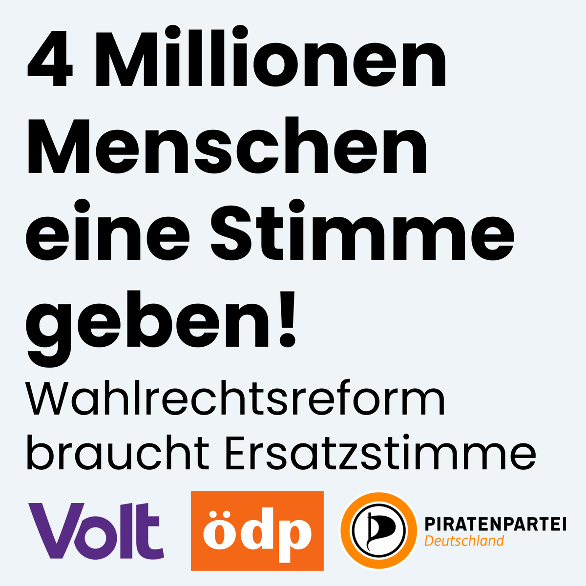 VoltDeutschland's tweet photo. Die #Wahlrechtsreform vergisst 4 Millionen Menschen. 

So viele haben bei der letzten Bundestagswahl Parteien gewählt, die wegen der 5%-Hürde nicht im Parlament vertreten sind.

Eine #Ersatzstimme gibt ihnen eine zweite Chance + stärkt Repräsentation: https://t.co/4GAFDqOI7K https://t.co/YWCyL6TrtS