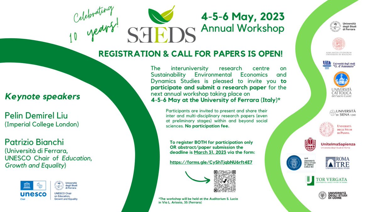 #reminder  for registration SEEDS Annual Workshop 4-6 May <a href="/UniFerrara/">Università Ferrara</a> 
👉lnkd.in/dJ5tmm6r
for #presenters paper or abstract (500 words mix)
deadline for application March 31st
notification of acceptance April 8th