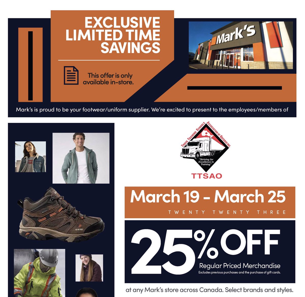 TTSAOontario's tweet image. Did you know that there is a special opportunity for TTSAO Members for special deals with Mark’s Warehouse? Open your TTSAO newsletter sent out on Wednesday for the details and special code. #ttsao #ttsaopartnership #workclothes #clothing