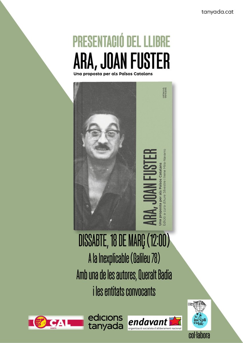 Demà? Sí, demà dissabte!
A les 12:00 a <a href="/_LaInexplicable/">La inexplicable</a> presentem el llibre "Ara, Joan Fuster" editat per <a href="/Tanyada_Ed/">Tanyada</a> amb una de les seves autores, la <a href="/QueraltBM/">Queralt #FreePalestine 🇵🇸✊🏽</a> .
No hi falteu!