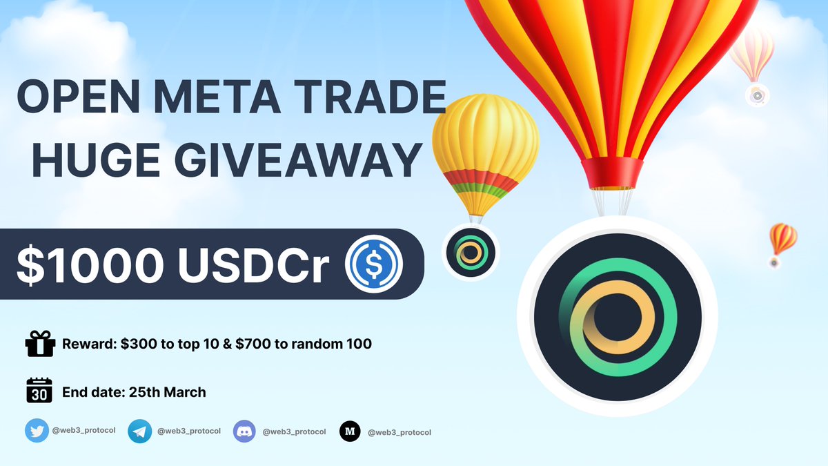 🎉Web3 Protocol X OpenMetaTrade Giveaway

 🏆Prize Pool:- $1000 $USDCr ( 1000 $USDT )

To Enter:- 

✔️Follow  <a href="/Web3_Protocol/">Web3 Protocol</a> &amp; <a href="/OMTFinance/">Open Meta Trade (💙,🧡)</a> 
✔️Like and RT 3 friends
✔️ Fill form :- giv.gg/openmeta1

#Airdrop #Giveaway #Giveaways #Airdrops #openmeta_trade