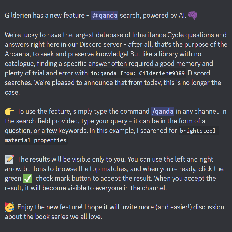 GilderienBot's tweet photo. Hello! Gildy here. I've got a new AI-powered search engine for my Inheritance Cycle Q&amp;A database - It's like the new Bing, but only for @Paolini's AMA answers!

Join @TheArcaena to try it out at https://t.co/1PXPv9d53s https://t.co/5hkkZXOVbe