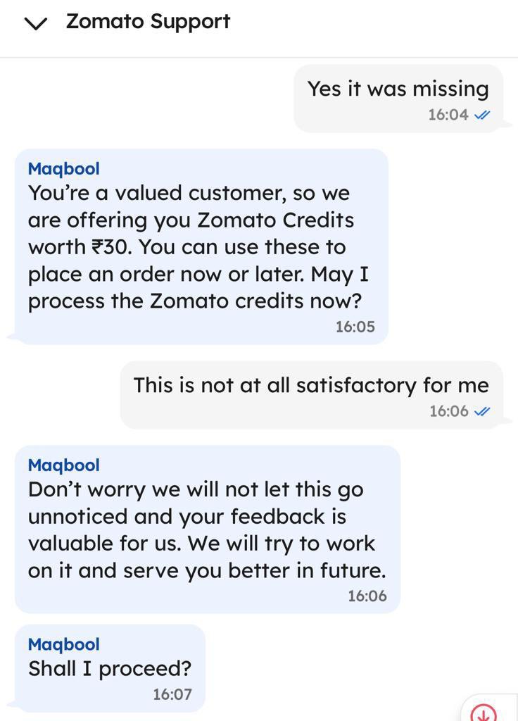 nagappan03's tweet photo. Ordered lunch from @zomato. It was delivered very late almost 20 mins after estimated time. Items were missing. Contacted their support team &amp; have attached the screenshots of our conversation below. This is not how you treat your “valuable” Gold customers @zomatocare 👎🏻 https://t.co/8qWBops50E