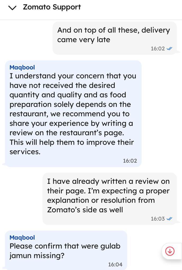 nagappan03's tweet photo. Ordered lunch from @zomato. It was delivered very late almost 20 mins after estimated time. Items were missing. Contacted their support team &amp; have attached the screenshots of our conversation below. This is not how you treat your “valuable” Gold customers @zomatocare 👎🏻 https://t.co/8qWBops50E