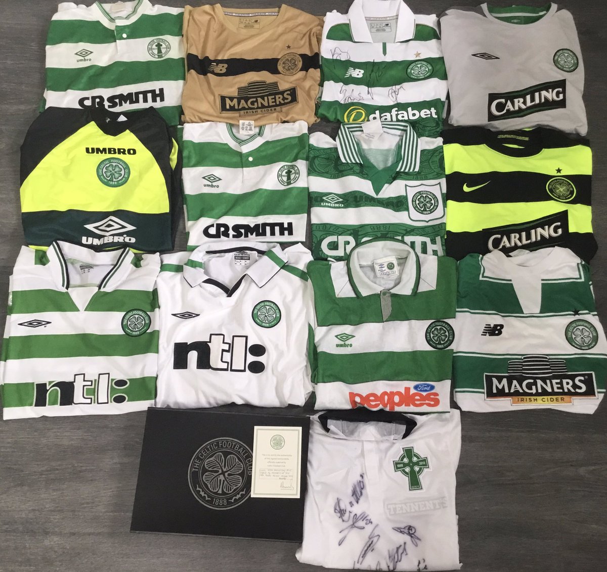KillieMatchworn's tweet photo. Any @CelticFC collectors interested in these cracking replica, rare, signed or limited edition shirts? Would prefer to sell as one batch. Please DM if you would like more information. Many thanks. @CollectCelticFC @paolodilamio https://t.co/6lF23vIVt1