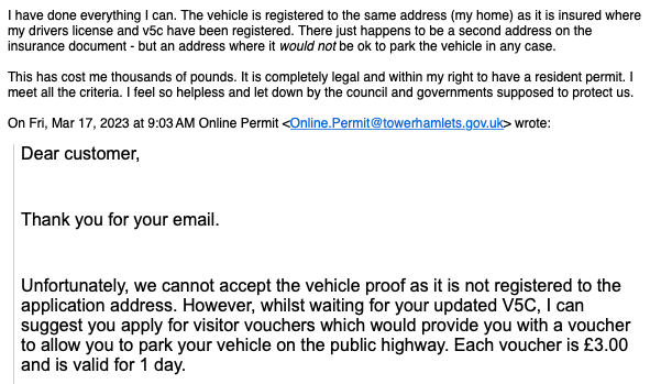 tabeldammit's tweet photo. @LutfurRahmanTH TH parking is charging us thousands of pounds, increasing every day, to park our car in the same place it's been legally parked for the last two years whilst they wait for paperwork. They're hurting residents during a cost of living crisis. Please help. https://t.co/PZXcOileuQ