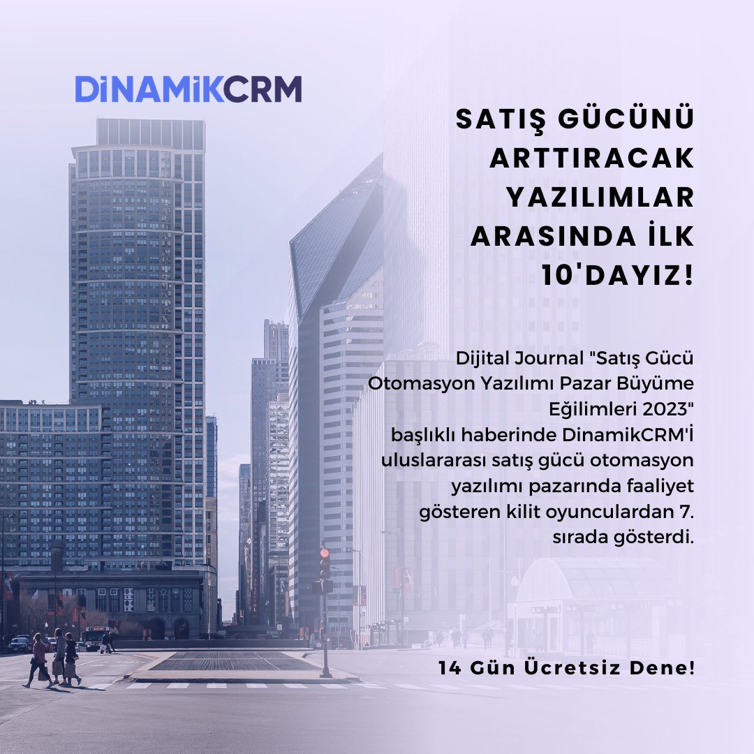 Dijital Journal "Satış Gücü Otomasyon Yazılımı Pazar Büyüme Eğilimleri 2023" başlıklı haberinde DinamikCRM'İ uluslararası satış gücü otomasyon yazılımı pazarında faaliyet gösteren kilit oyunculardan 7. sırada gösterdi Haberin tamamı için : digitaljournal.com/pr/news/sales-…