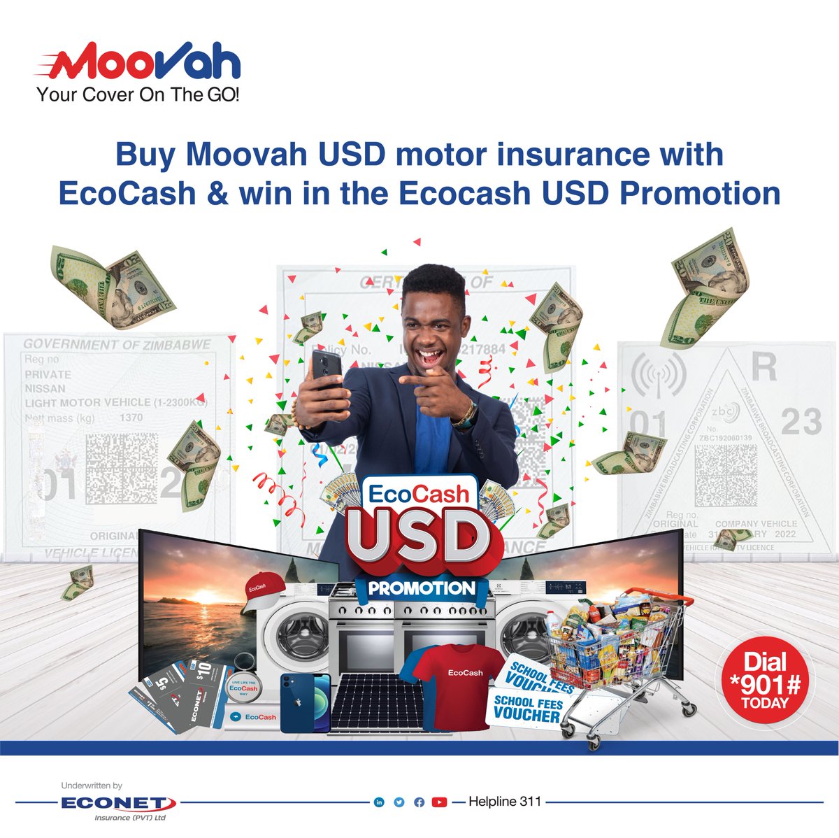 MoovahZim's tweet image. You could become a winner and walk away with loads of prizes when you renew your Moovah insurance with your EcoCash USD Wallet. Dial *901# to renew or visit your nearest Econet shop or Moovah agent to get covered today. 

#Insurance
#USDInsurance