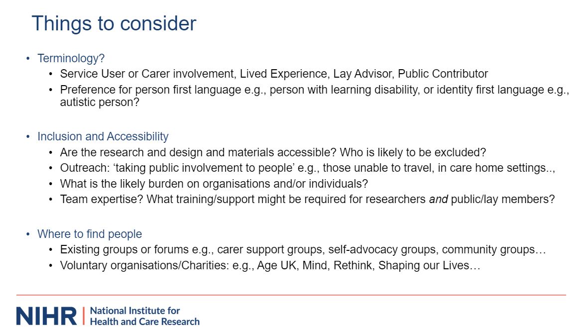 NIHR_RSS's tweet photo. Great talk by @DrJ_Harlock discussing the essential element of public involvement in #socialcare research grant applications #RDSgrantwritingretreat #RDStips https://t.co/zLcS2oxK46
