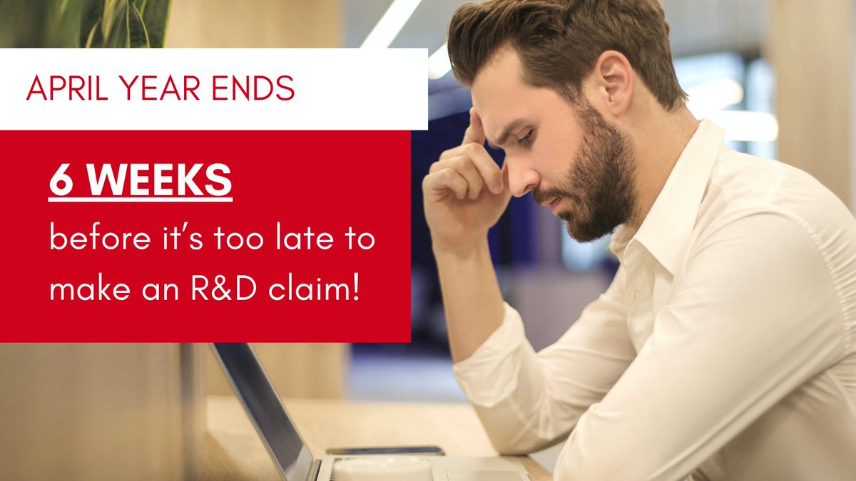 Have a client with an APRIL Year End?

They have JUST 6 WEEKS to make an R&amp;D claim.

Miss it, and they’ll lose their claim.

Don’t wait, act now.

#accountingandaccountants #uksmallbusiness #uktax