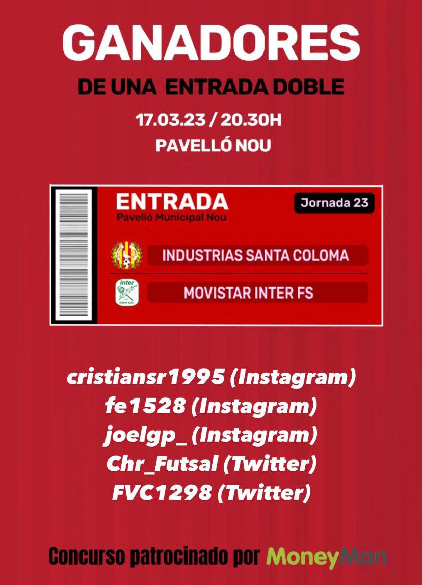 ⁉️ Quién es el máximo goleador de la actual plantilla contra Movistar Inter?

📢La respuesta correcta es: Albert Cardona con 5 goles

🎉 Los ganadores de Twitter son <a href="/Chr_Futsal/">Chr 10</a> y <a href="/FVC1298/">Franc Villalba</a>

🤝 Concurso patrocinado por <a href="/MoneyMan_Espana/">Moneyman.es</a>
 
#EstoEsSantaColoma
#SomGentdeFutsal
