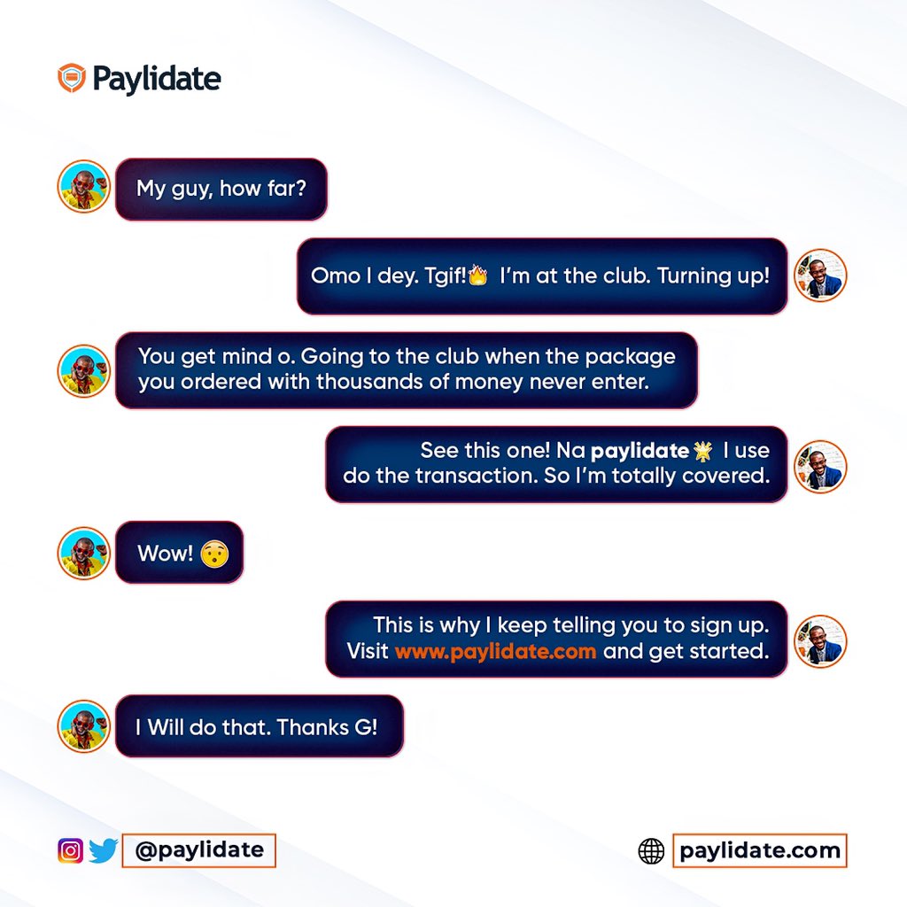 paylidate's tweet photo. This is why we tell you to make transactions using paylidate. 
so you can turn up on a friday without worrying about the package you ordered. 
Visit https://t.co/mKHgyxdPJ6 to get started.

#Fridate #Paylidate #paymentvalidation #meethalfway https://t.co/ho42LXZAVz