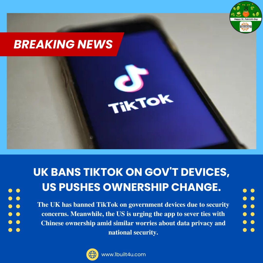 1built4udotcom's tweet photo. UK bans TikTok on gov't devices, US pushes ownership change.
#1built4u
#TikTok
#SecurityConcerns
#ChineseOwnership
#DataPrivacy
#NationalSecurity
#UKBansTikTok
#USPushesForChange
#TechNews
#MobileSecurity https://t.co/cCPkESaayg