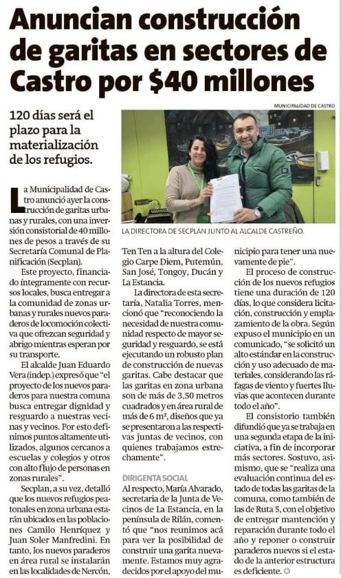 Juaneduardoconc's tweet photo. Construcción de nuevas garitas peatonales destaca la prensa escrita #EstrellaChiloé y #ElInsular. 

En esta etapa construiremos 9 refugios peatonales y ya estamos proyectando y gestionando la construcción también en otros sectores de la comuna. 

#CastroSigueCambiando https://t.co/xIMoIkfK7y