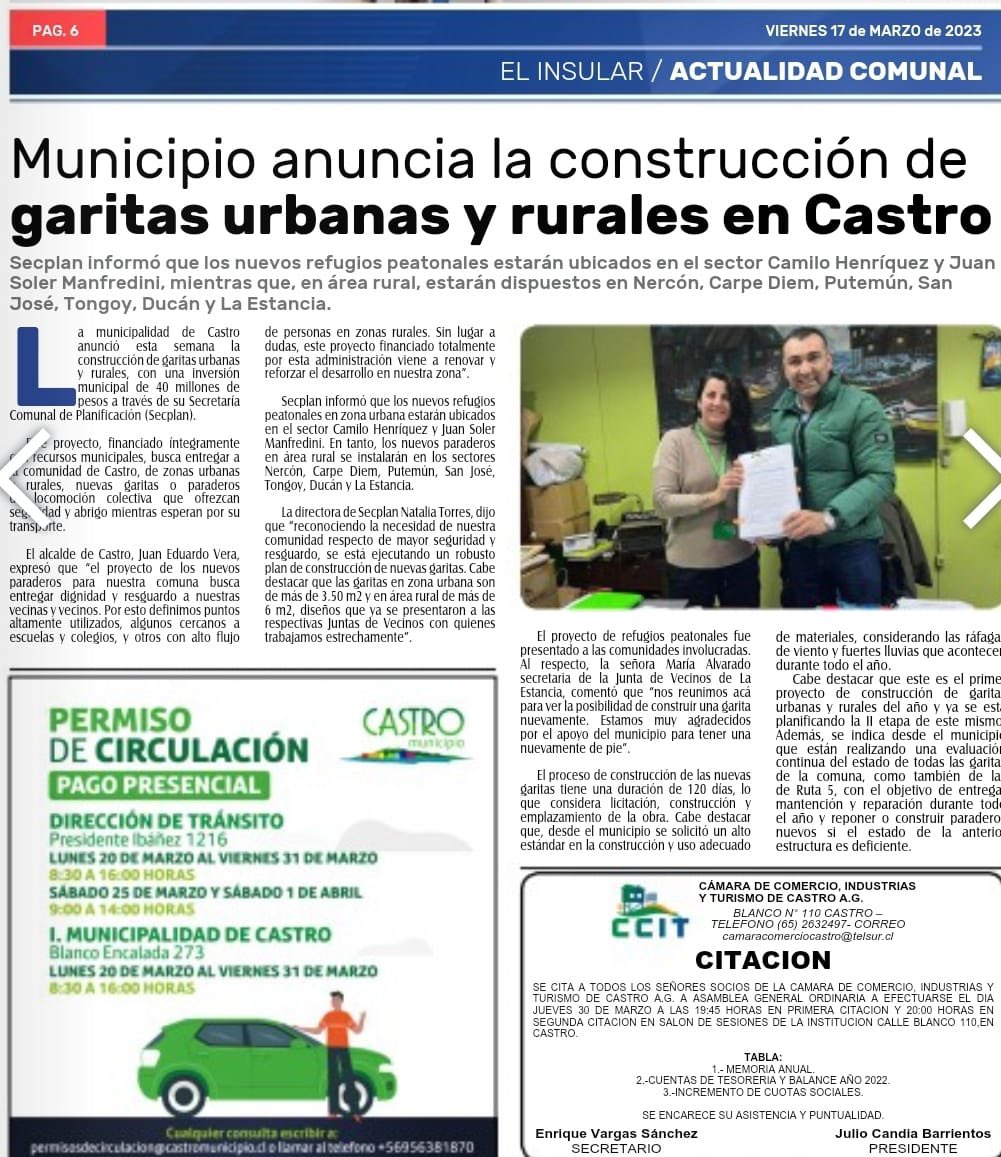 Juaneduardoconc's tweet photo. Construcción de nuevas garitas peatonales destaca la prensa escrita #EstrellaChiloé y #ElInsular. 

En esta etapa construiremos 9 refugios peatonales y ya estamos proyectando y gestionando la construcción también en otros sectores de la comuna. 

#CastroSigueCambiando https://t.co/xIMoIkfK7y