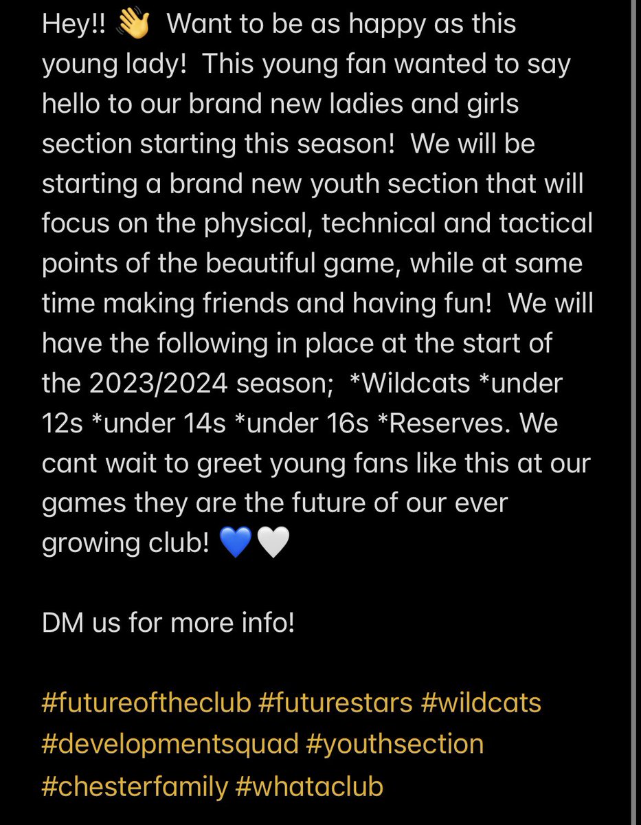 YOUTH SECTION INCOMING 👀

DM US FOR MORE INFO! ✉️ 

💙🤍

#futureoftheclub #futurestars #wildcats #developmentfootball #chesterfamily #whataclub