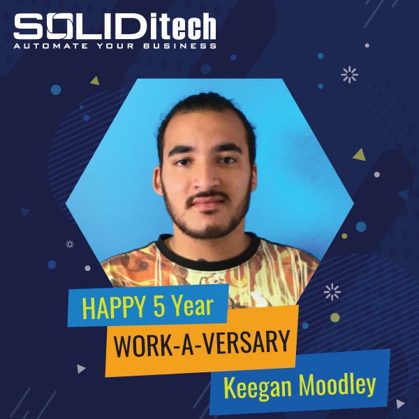 soliditech's tweet image. A massive congrats to our very own Keegan Moodley on his 5 year work-a-versary at SOLID. Thank you for all your hard work and dedication - we couldn't do this without you :)  #SoftwareLife #SOLIDitech