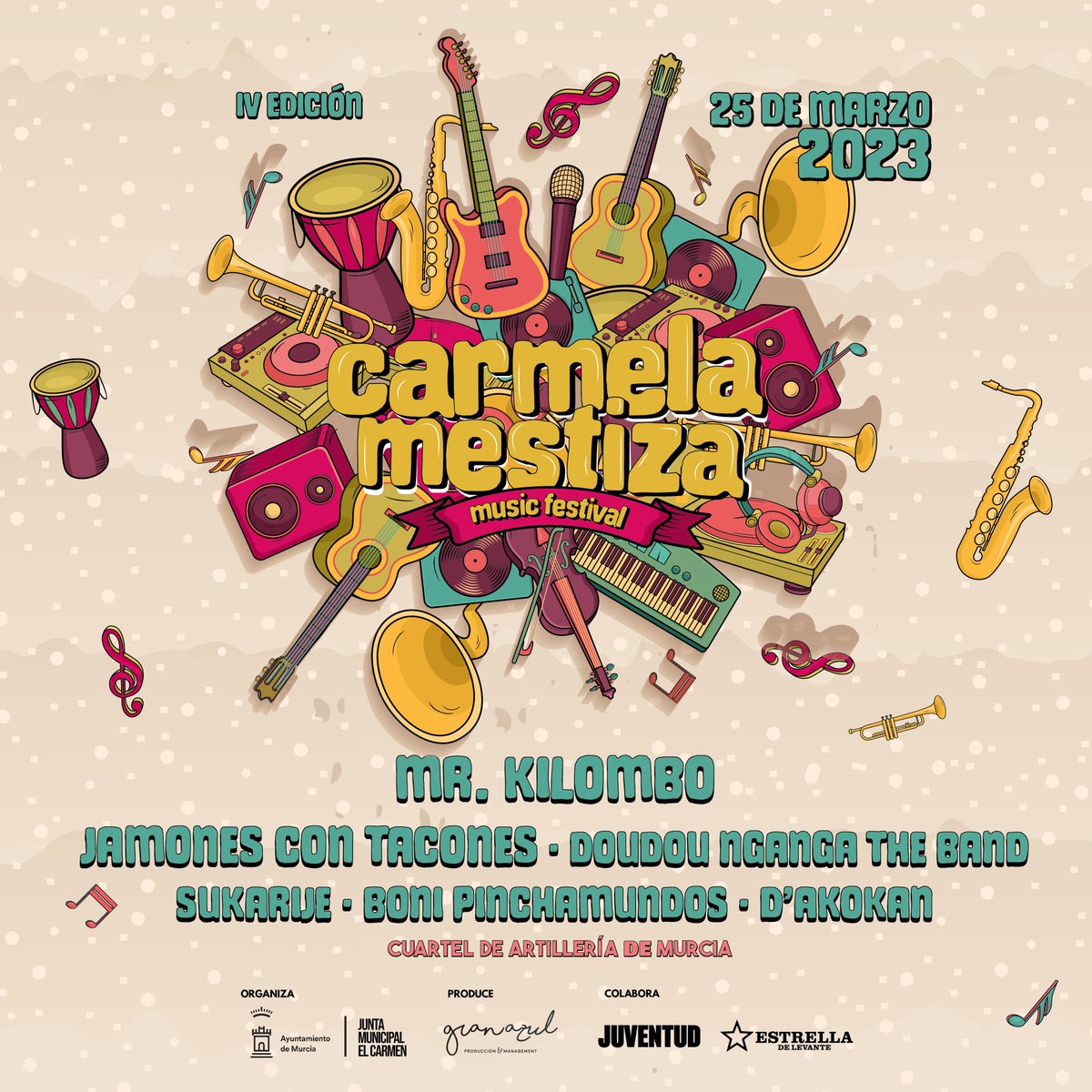 🎼¡Vuelve el Carmela Mestiza Music Festival!

📆La IV edición del festival se celebrará el el 25 de marzo en el Cuartel de Artillería.

🎸Para ello contaremos con artistas de primer nivel como <a href="/mrkilombo/">mrkilombo</a>, <a href="/JamonesTacones/">Jamones con Tacones</a>, ... y ¡muchos más!.

🥳¿Te lo vas a perder?.