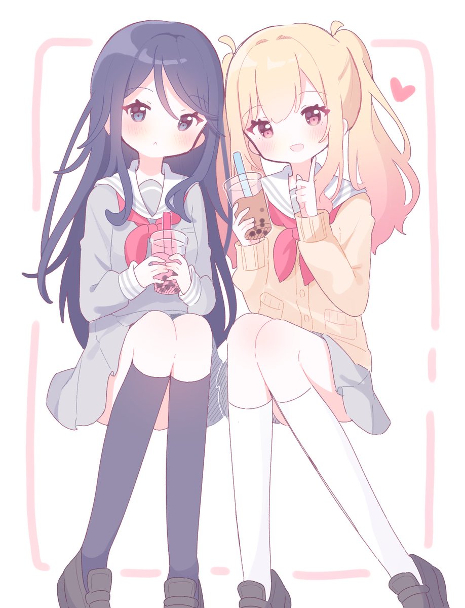 bubble tea 2girls multiple girls school uniform twintails socks blonde hair  illustration images