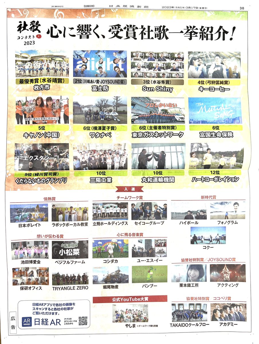 NihonBorate's tweet photo. 本日の日本経済新聞朝刊に、日経社歌コンテストの結果が掲載❗️
情熱賞受賞の日本ボレイトもしっかり載ってました❗️❗️
#日経社歌コンテスト #社歌 #森本安音 #ヤーダマン #超新塾 #HEROSHIP https://t.co/0fRfuA83Uq