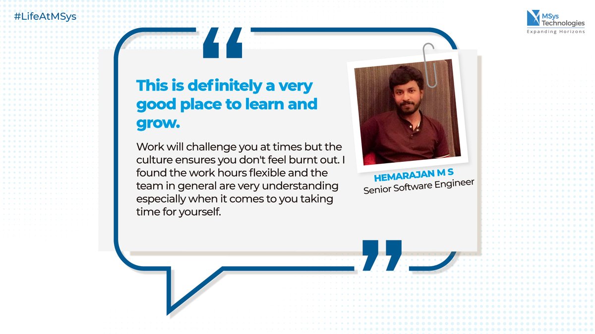 AziroTech's tweet photo. #LifeAtMSys #MSysTechnologies #Training #Employee #Testimonial #WorkLifeSuccess #GreatPlaceToWork https://t.co/9QAJpIx1jm