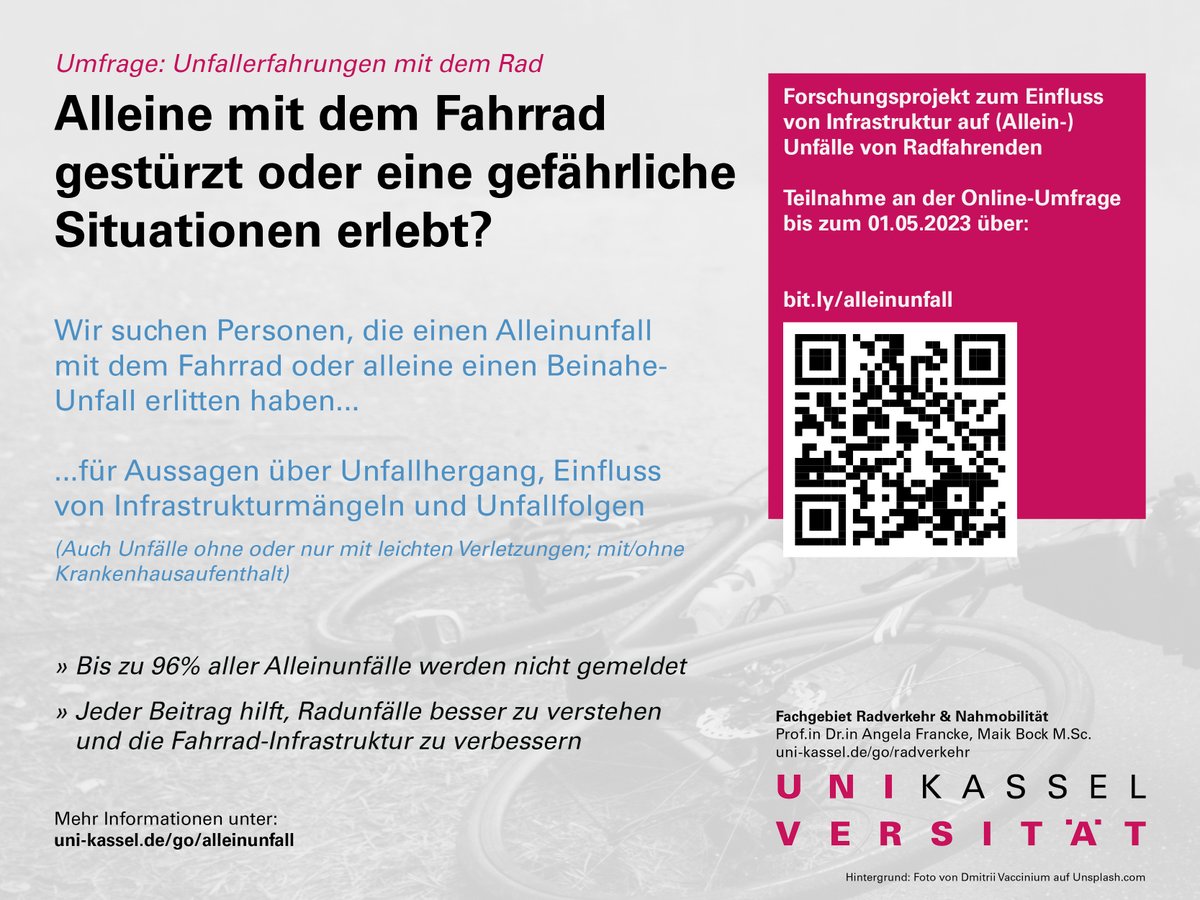 CyclingLabKS's tweet photo. Wir forschen an der @uni_kassel an #Alleinunfällen von Radfahrenden und möchten Euch hierzu befragen, um Alleinunfälle besser zu verstehen und in Zukunft zu vermeiden: https://t.co/X4cXdB9ugs
Mehr Informationen zum Projekt: https://t.co/GxmV3QGGFx https://t.co/hmIoSyLzNQ